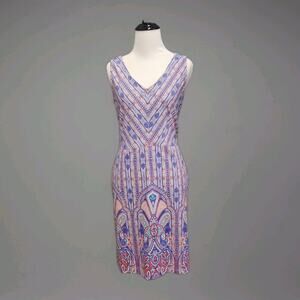 J. McLaughlin Sleeveless Dress Blue Pink Geometric Print Medium Pockets